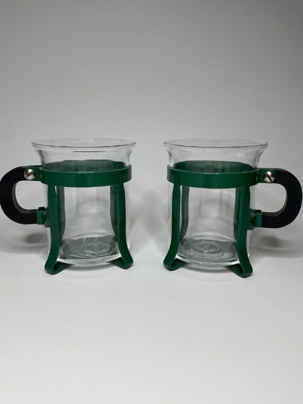 Vintage Bodum Glass Coffee Mugs Pair - Green Frame Black Handle Swiss Made